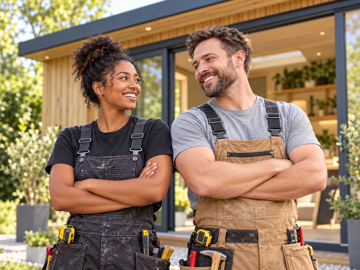 Two smiling tradespeople outside a modern timber-clad home